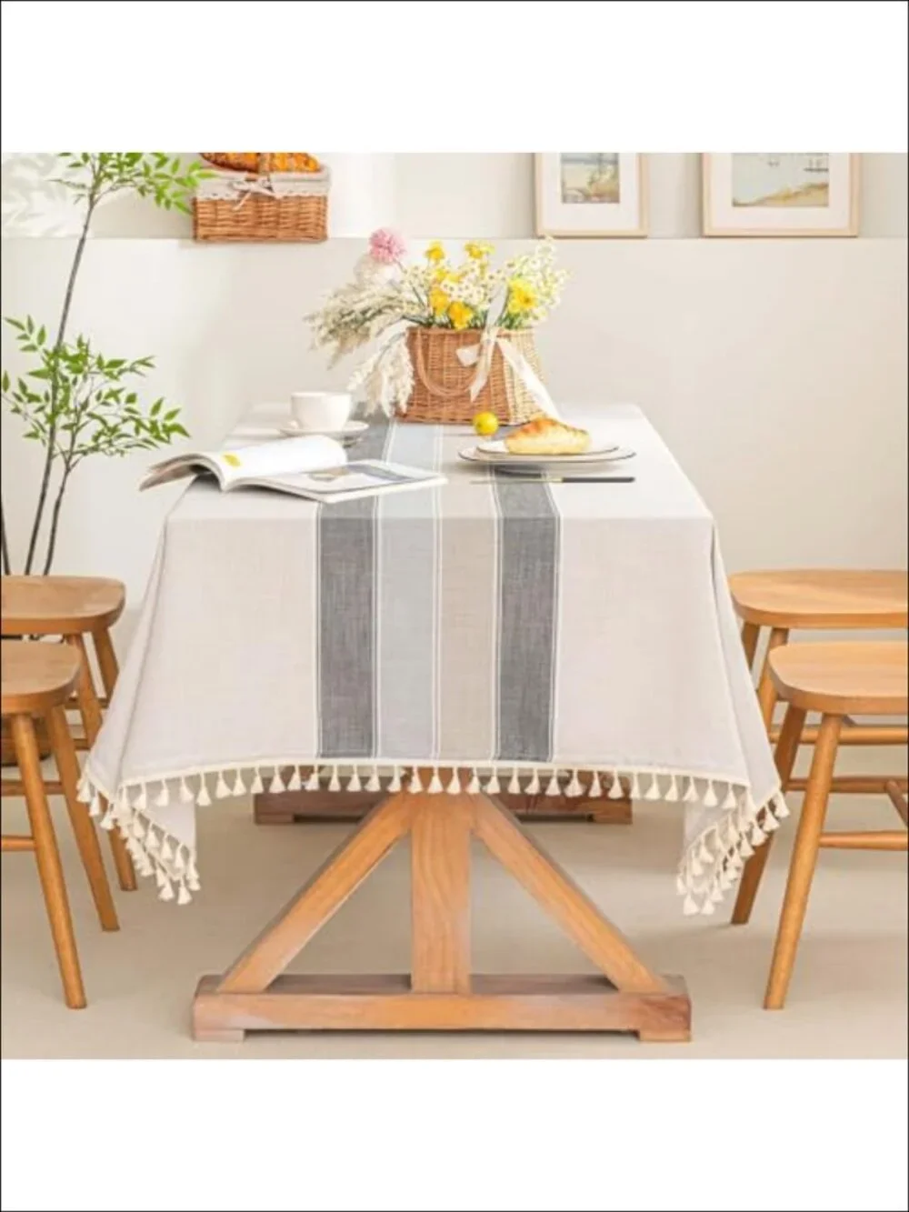 Cotton Linen Farmhouse Tablecloth Waterproof Tassel 55x70 Dining
